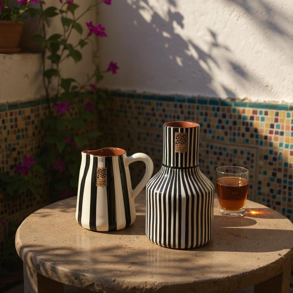 Vase gourde rayures noires en grès