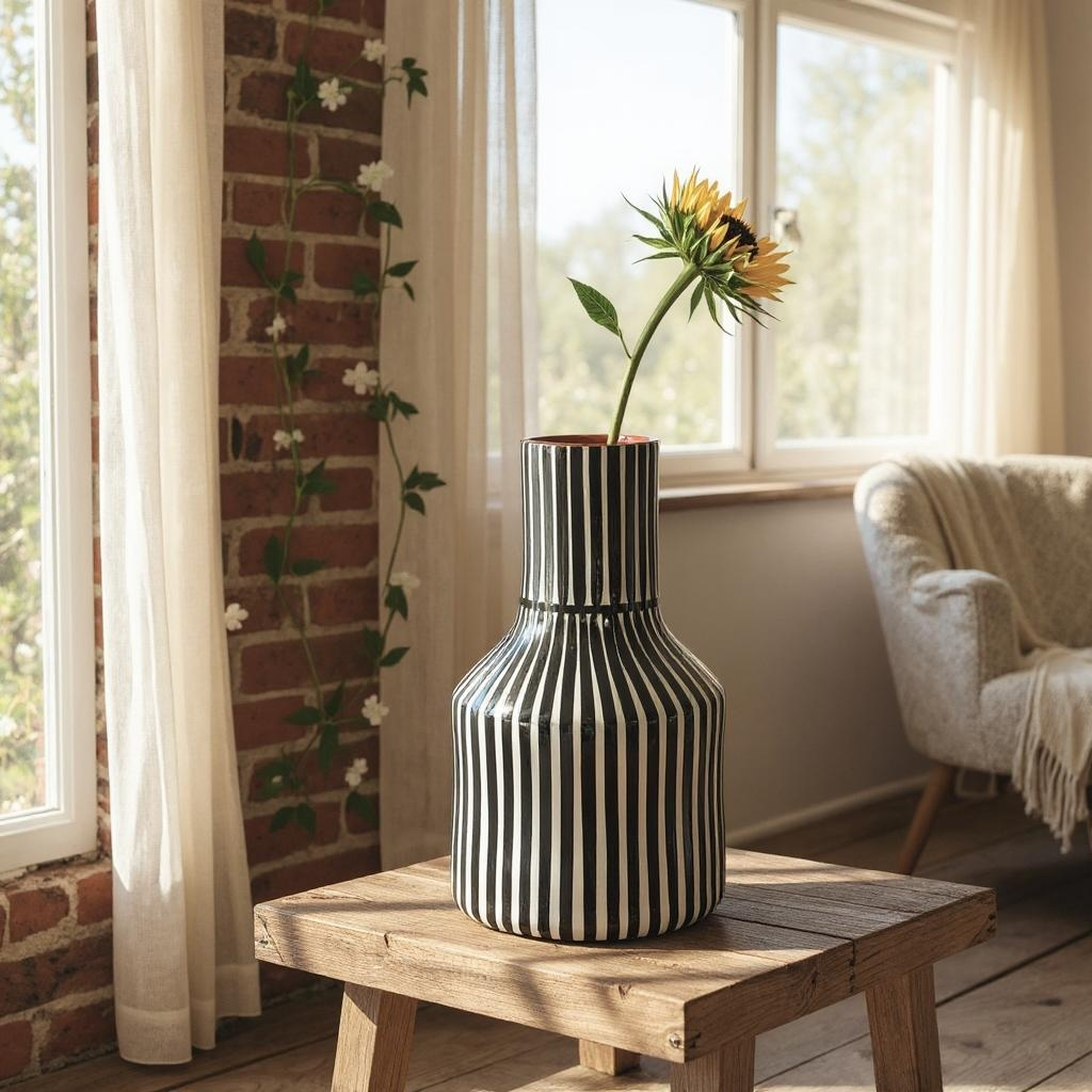 Vase gourde rayures noires en grès