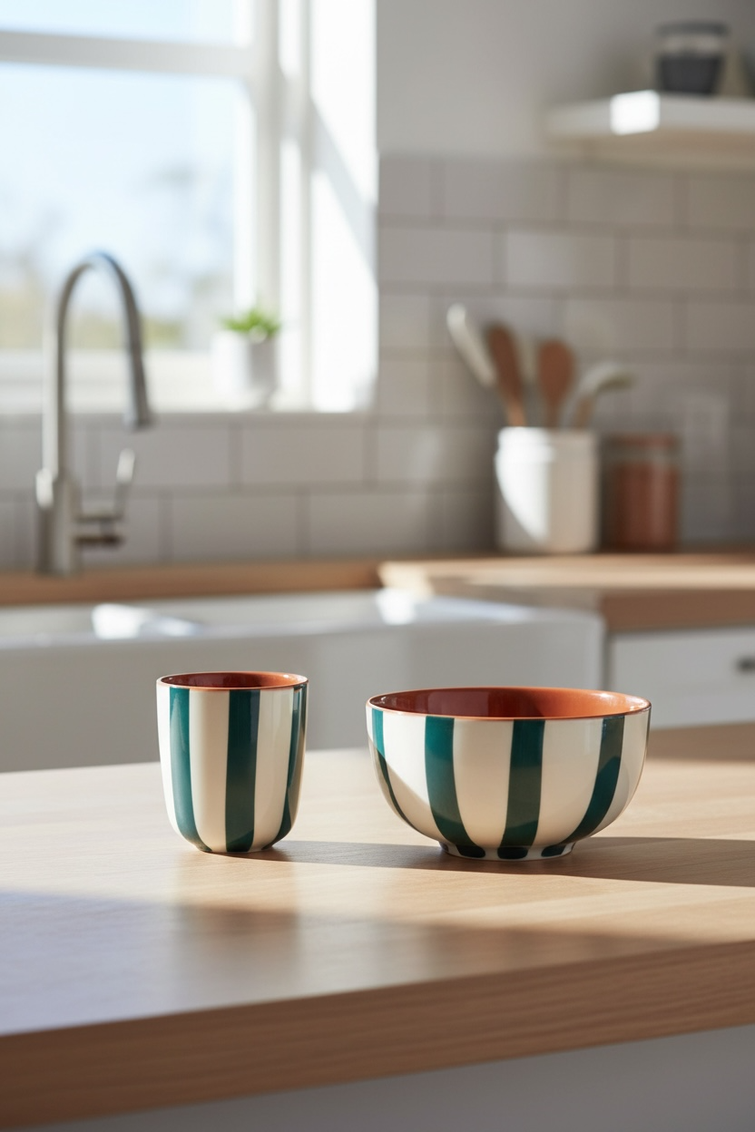 Bol en grès rayé émeraude et blanc 35cl