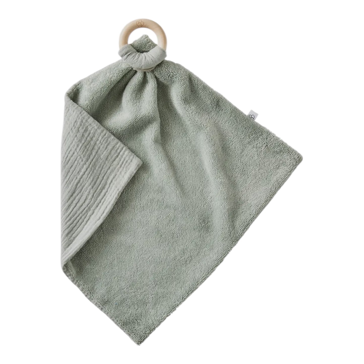 Doudou bi-matière avec anneau de dentition - Vert de gris