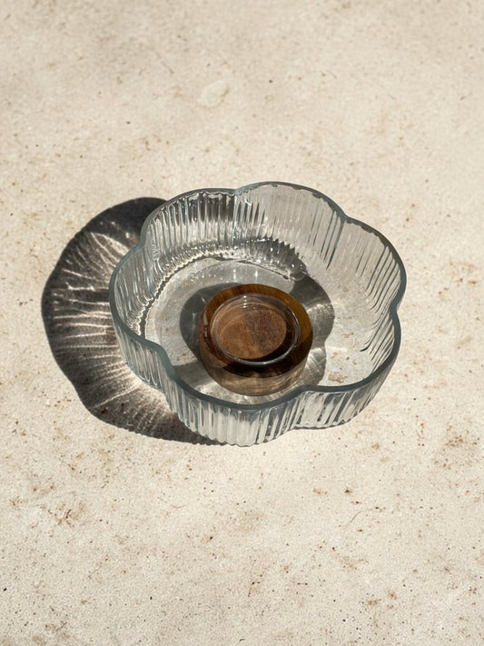 Saladier en forme de fleur - verre et bois d'acacia