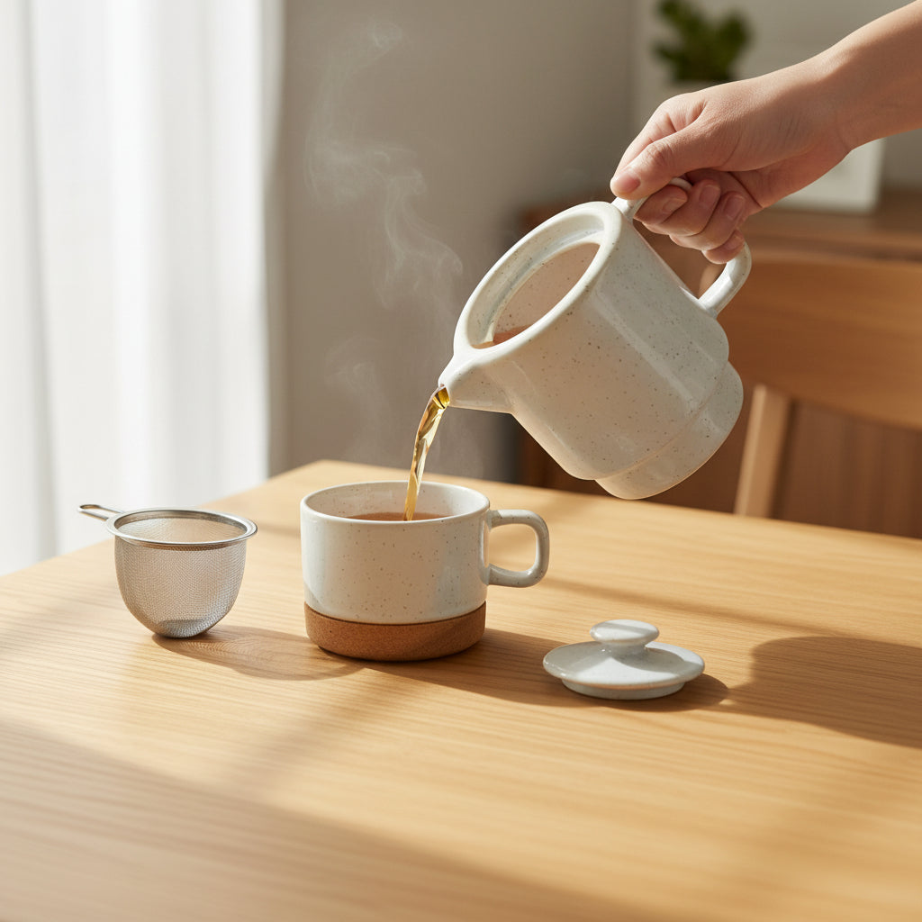 Théière + tasse blanche mouchetée Nordika