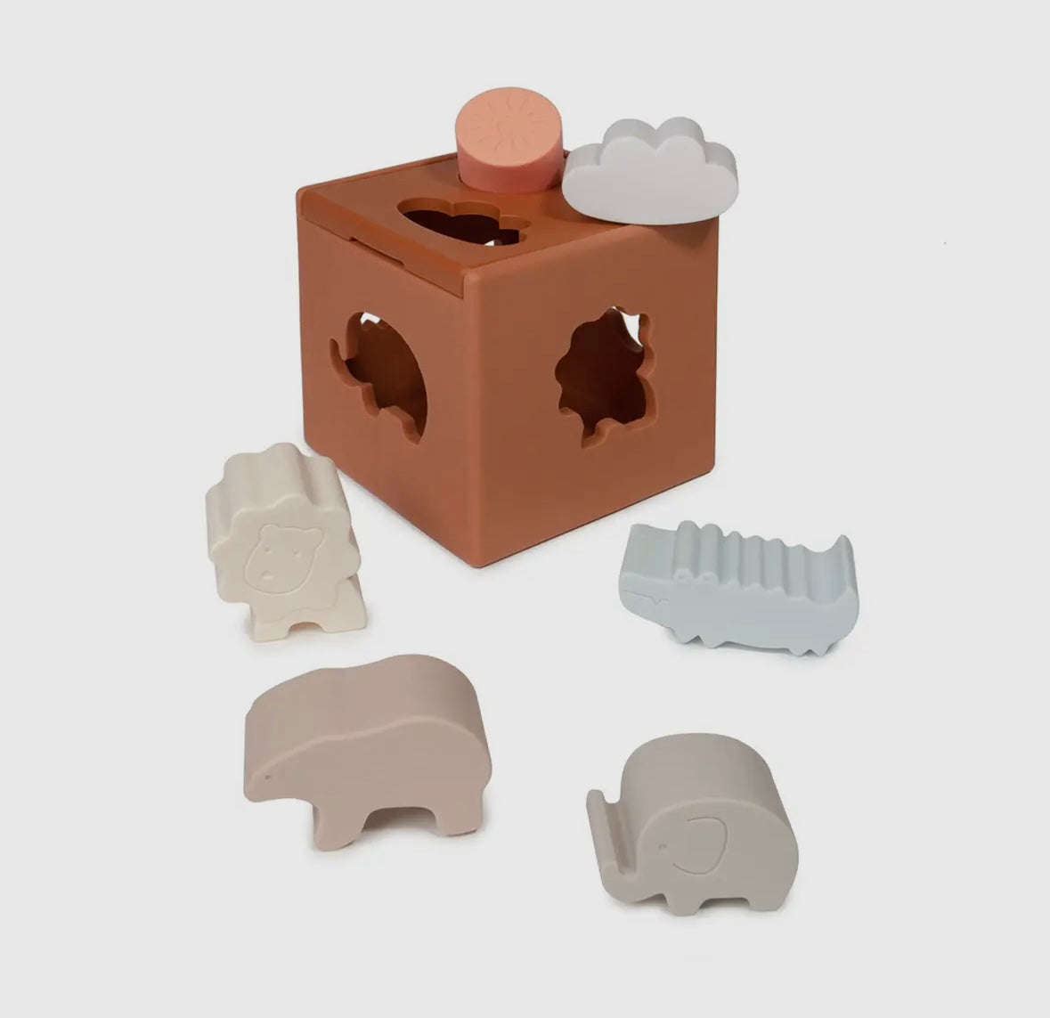 Cube d'activité en silicone et plateau en bois