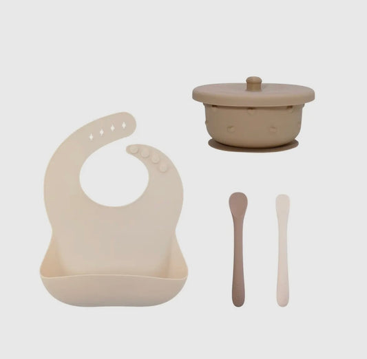 Set de repas pour bébé (Bavoir/ cuillères de sevrage/bol Ina - Crème/ Tale)