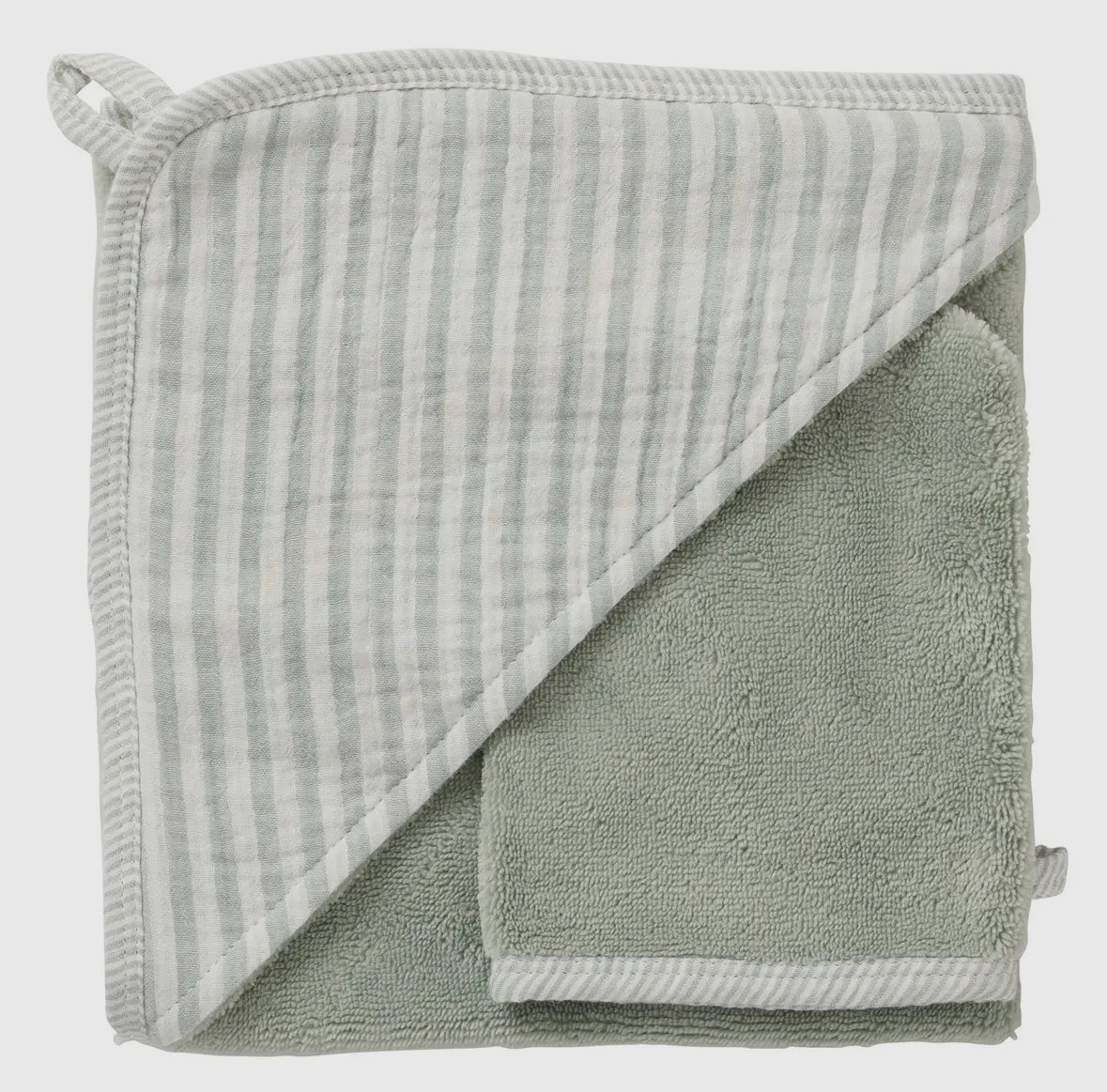Cape de bain + gant - Éponge bambou & gaze rayé vert