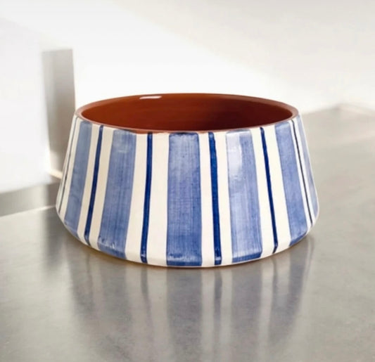 Saladier rayé bleu clair & bleu foncé en grès