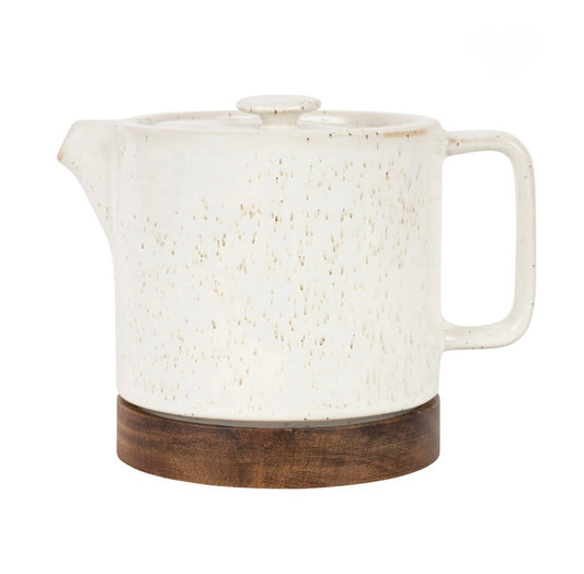 Théière en grès blanc moucheté et bois avec filtre - nordika
