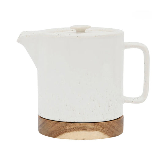 Théière avec filtre blanc moucheté 1.15l en grès et dessous en bois - nordika