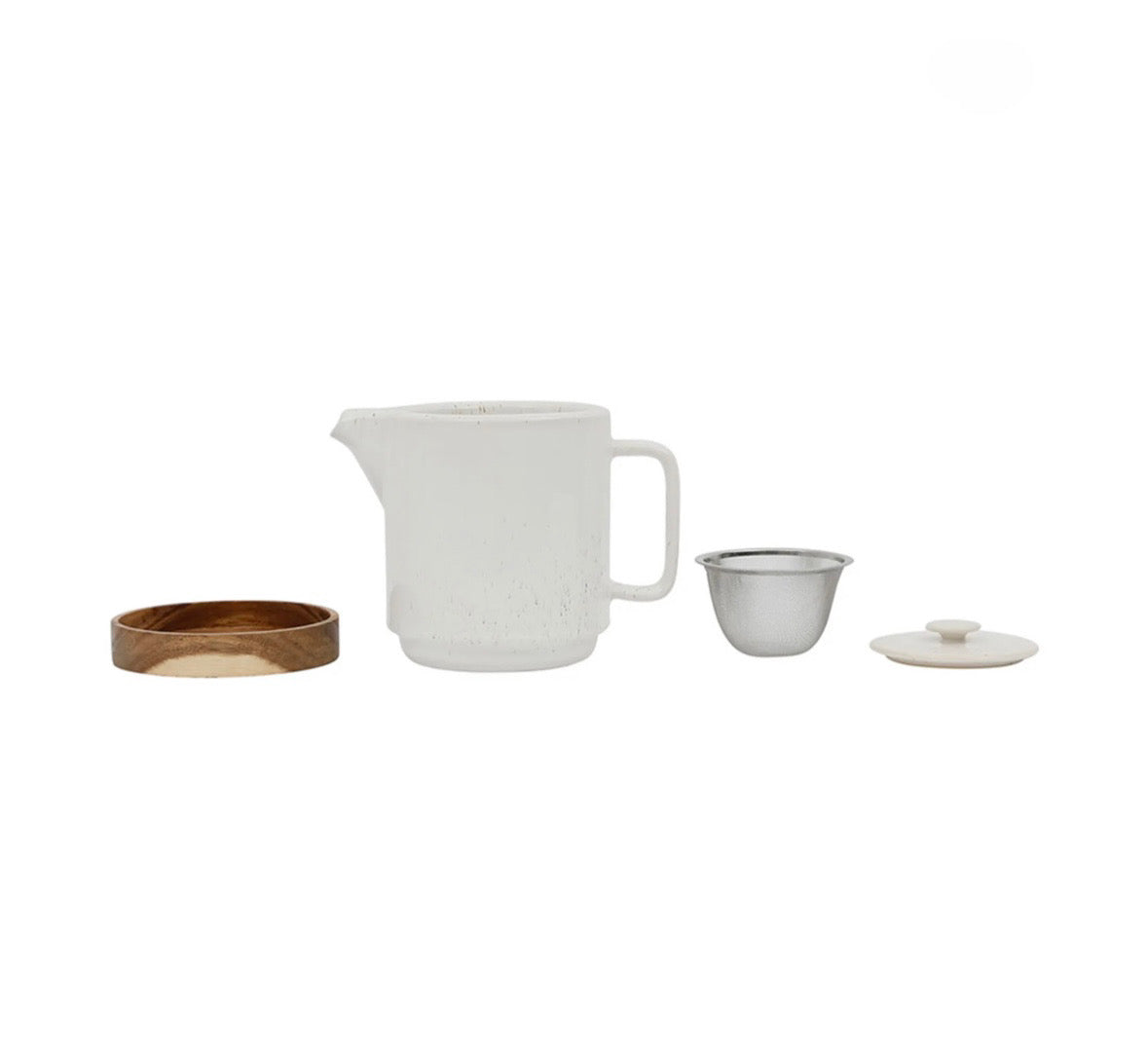 Théière avec filtre blanc moucheté 1.15l en grès et dessous en bois - nordika