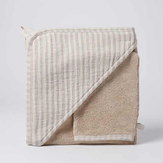 Cape de bain + gant - éponge bambou / gaze rayé beige