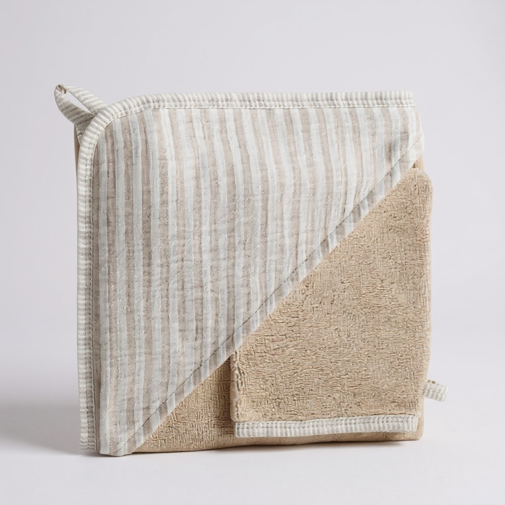 Cape de bain + gant - éponge bambou / gaze rayé beige