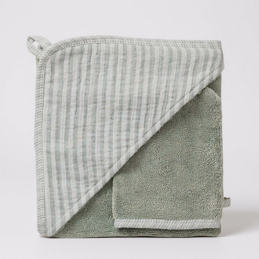 Cape de bain + gant - Éponge bambou & gaze rayé vert