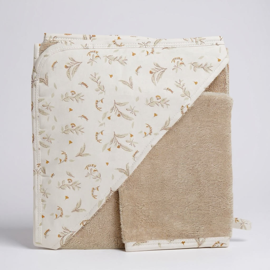 Cape de bain + gant motifs feuilles