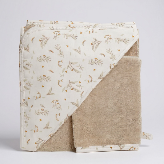 Cape de bain + gant motifs feuilles