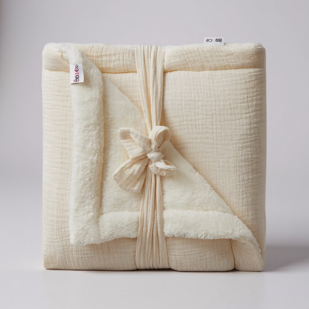 Couverture peluche double gaze & microfibre - Mousse de lait