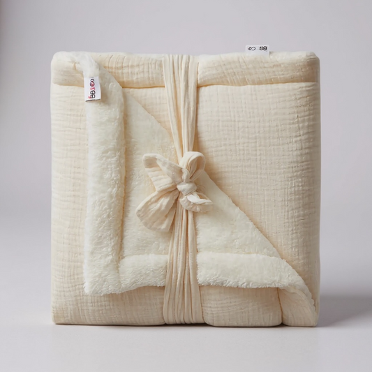 Couverture peluche double gaze & microfibre - Mousse de lait