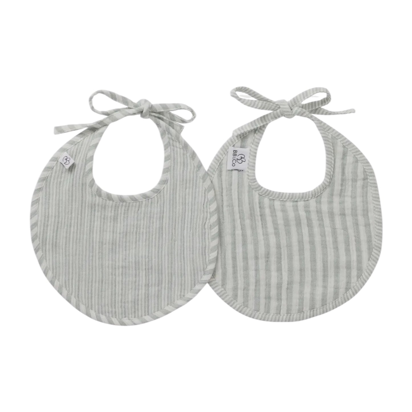 Lot de 2 bavoirs naissance gaze de coton - rayé vert de gris