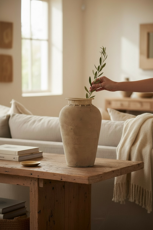 Vase long en terre cuite & rotin