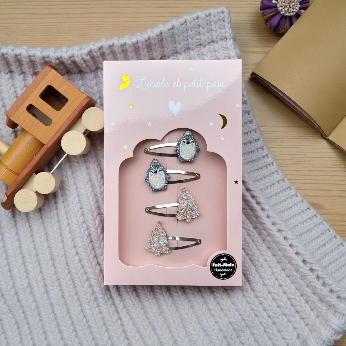 Coffret Barrettes Winter – Pingouins argentés & Sapins crème