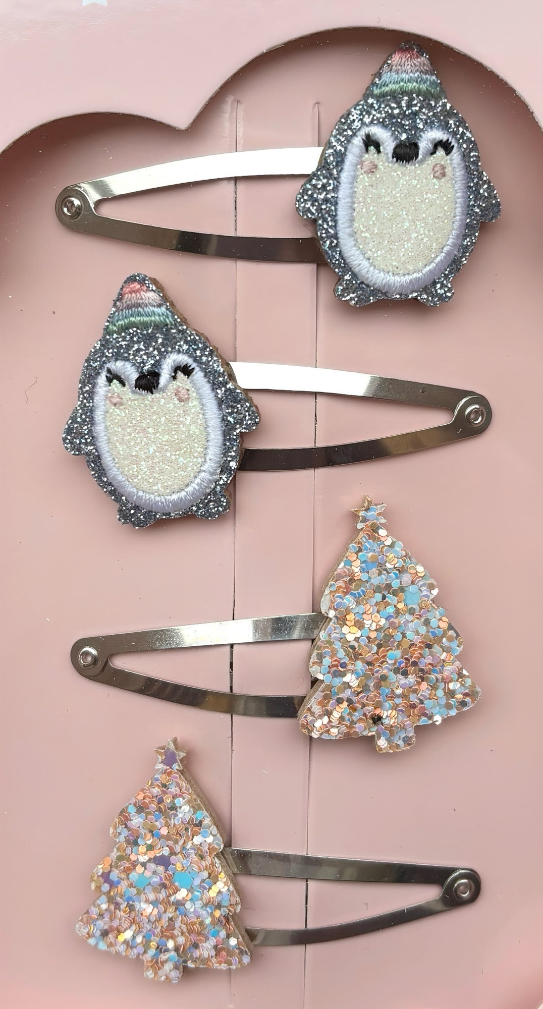 Coffret Barrettes Winter – Pingouins argentés & Sapins crème