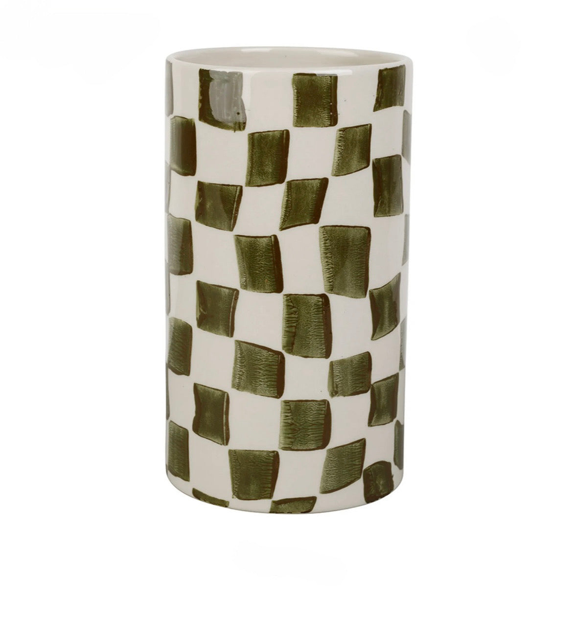 Vase cylindre en grès à carreaux kaki et blanc h19cm