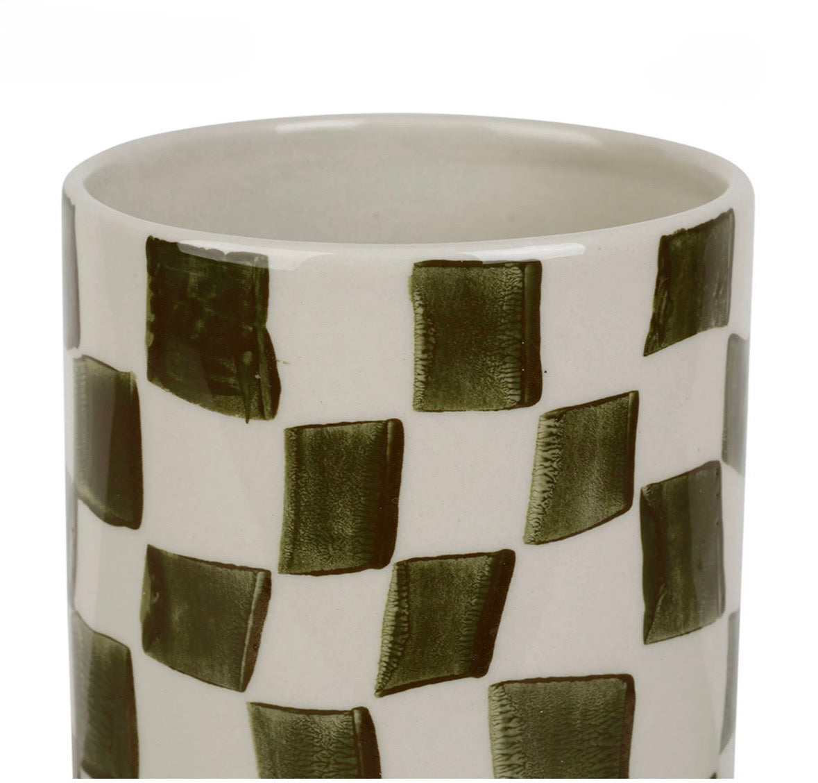 Vase cylindre en grès à carreaux kaki et blanc h19cm