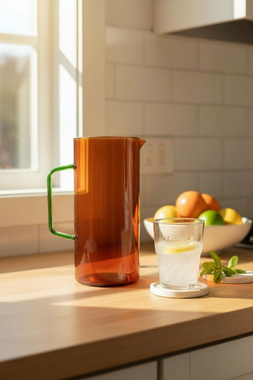 Carafe en verre ambre et anse verte