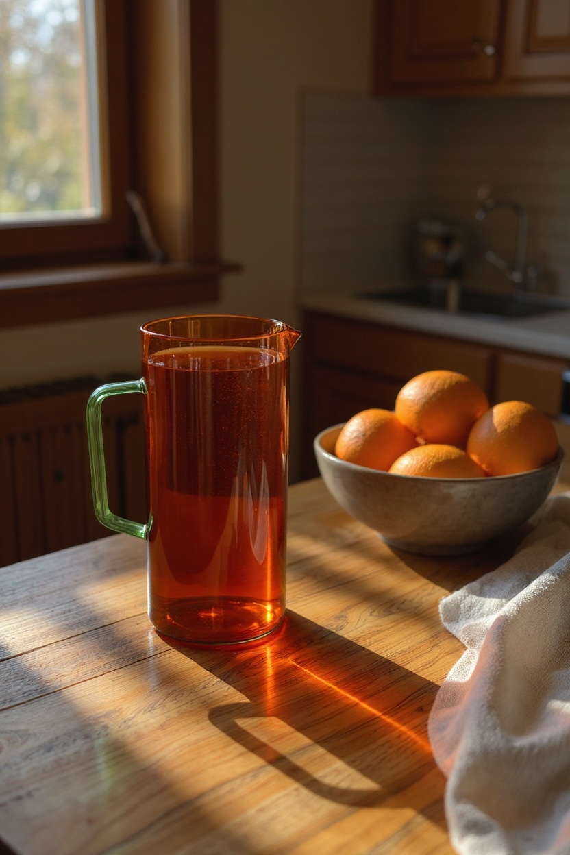 Carafe en verre ambre et anse verte